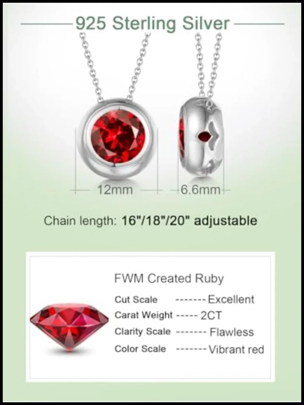 2CT Created Ruby Pendant Necklace, 925 Sterling Silver Rhodium Plated,